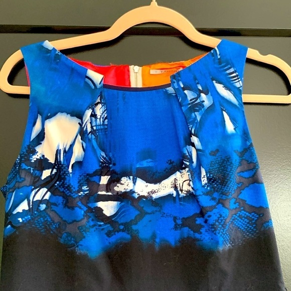 Tahari Sleeveless Blue Abstract Sheath Dress w/ Tie. Colorful Zipper. Size 4 - Picture 2 of 12